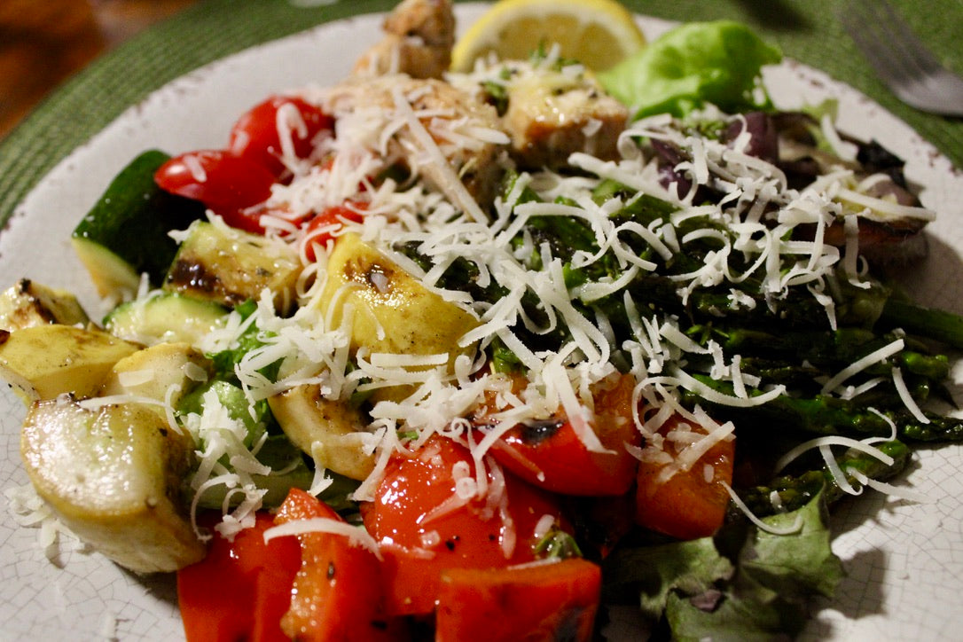 Grilled Vegetable Salad with Garlic Olive Oil, Sicilian Lemon Thyme Chicken, and Homemade Garlic Lemon Dressing