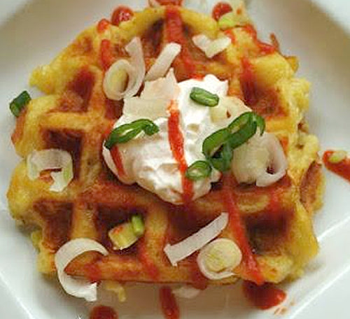 Savory Cheddar-Mashed Potato "Latke" Waffles with Garlic Olive Oil