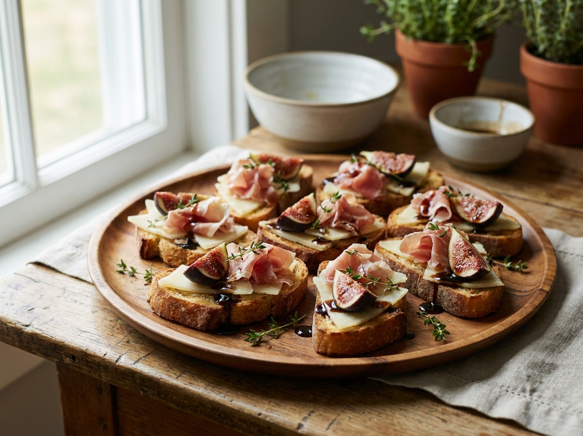 Fig, Prosciutto & Manchego Toasts with Fig Balsamic
