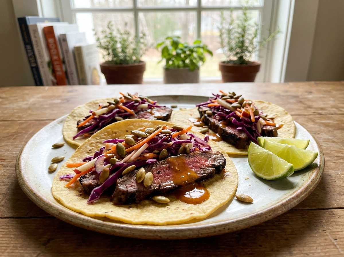 Steak Tacos with Persian Lime & Cranberry-Pear Slaw