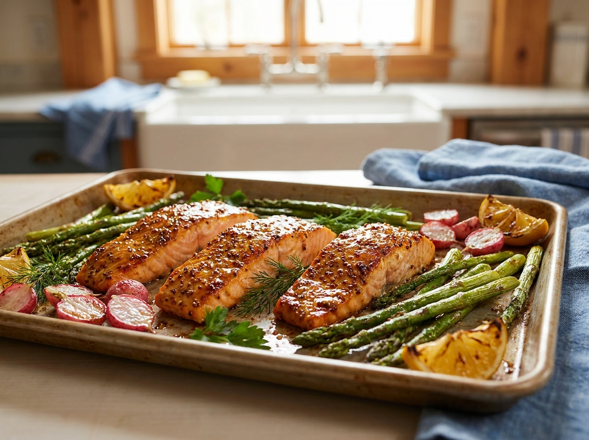 Grain-Mustard Salmon with Tuscan Herb Roasted Asparagus & Radishes