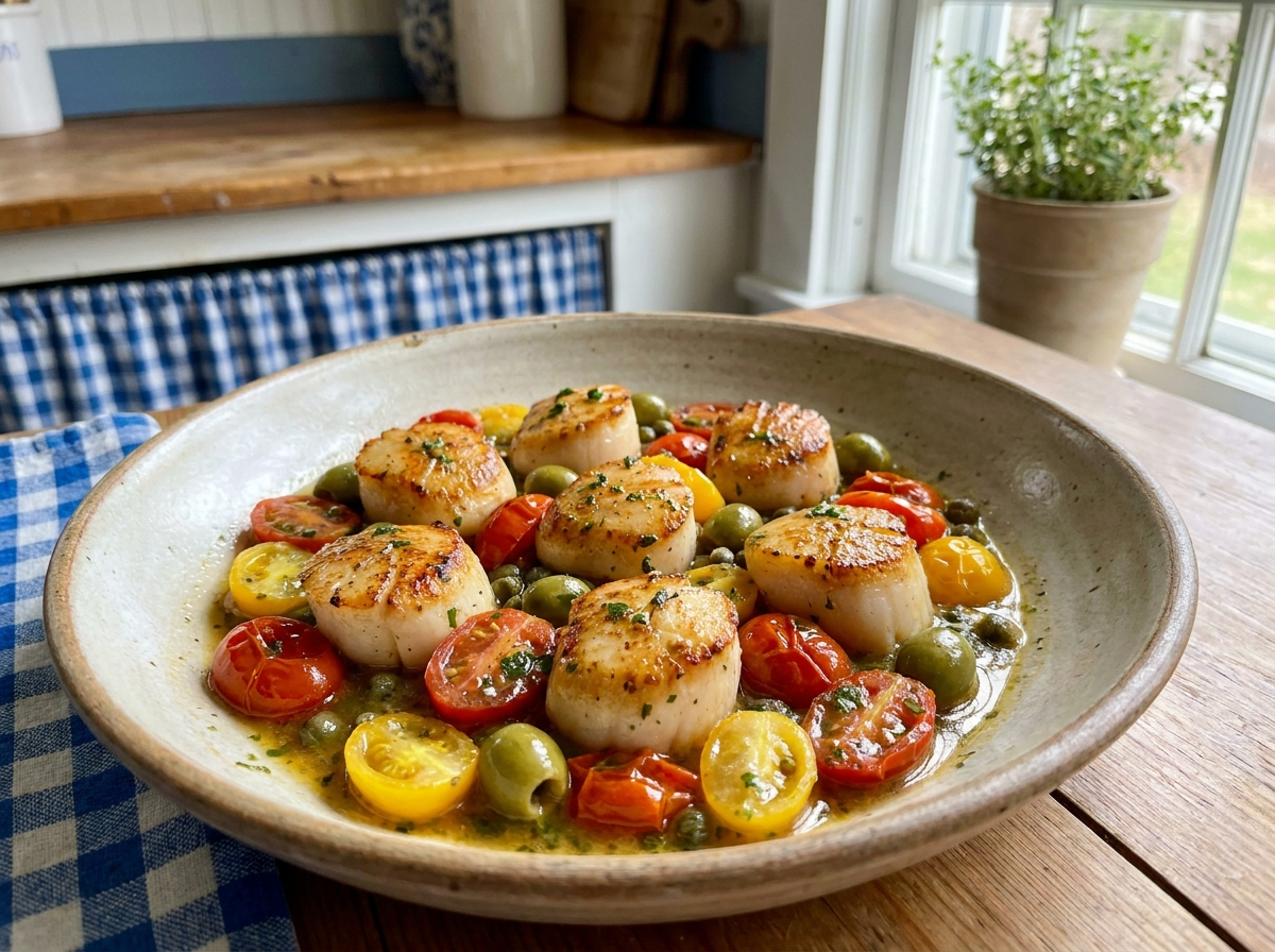 Skillet Scallops with Blistered Tomatoes, Olives & Basil Oil