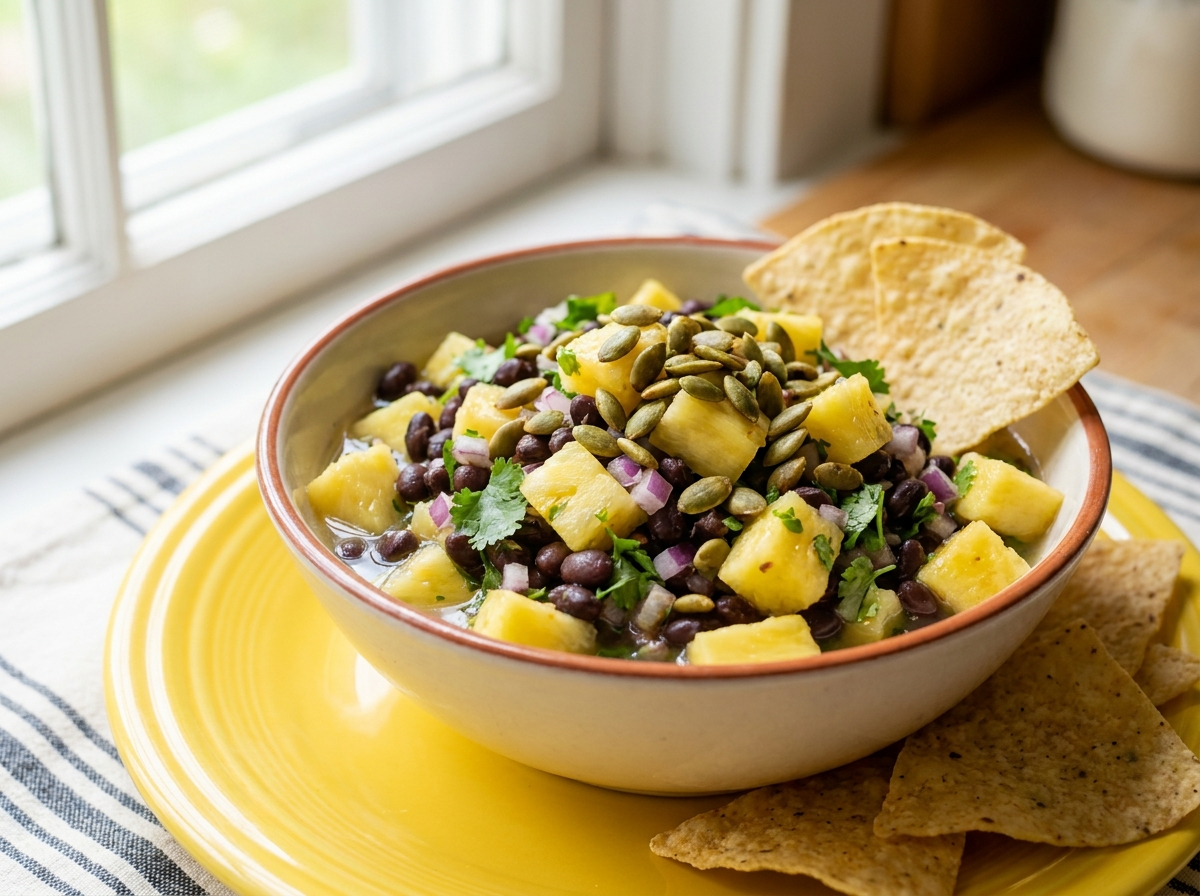 Pineapple & Black Bean Salsa with Green Chili Oil and Toasted Pepitas