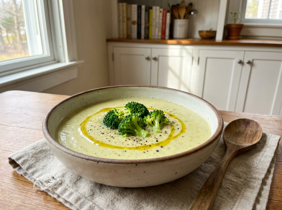 Creamy Broccoli & Gouda Soup with a Chipotle Oil Swirl