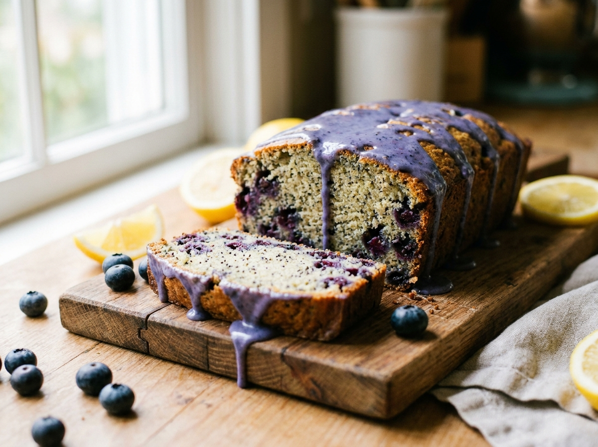 Lemon Poppy Seed Loaf with Wild Blueberry Glaze