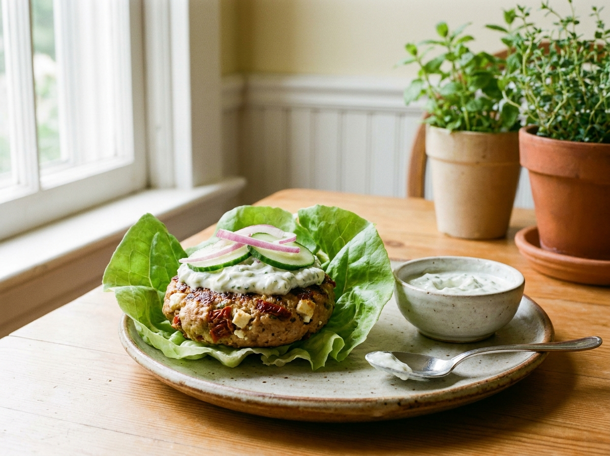 Mediterranean Turkey Burgers with Lemon-Herb Tzatziki