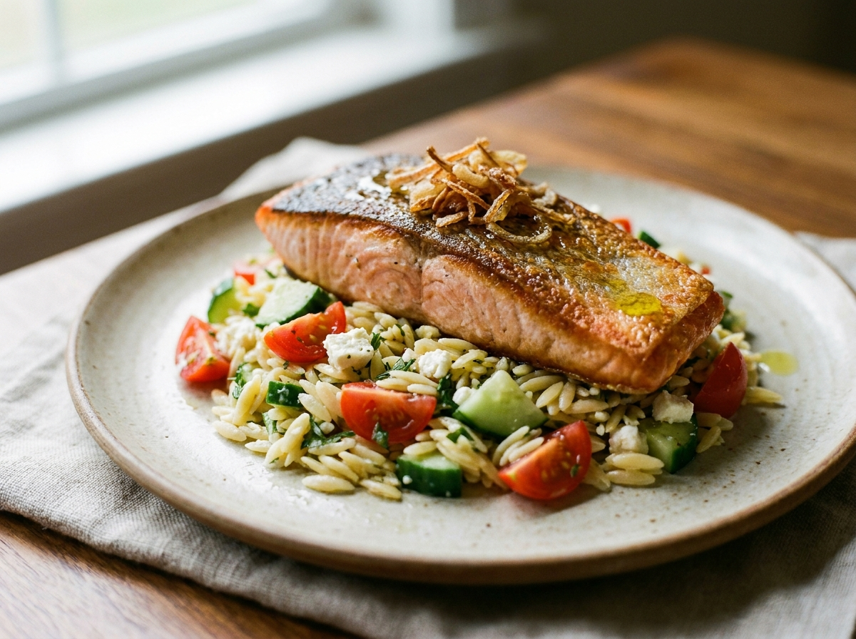 Pan-Seared Salmon over Mediterranean Orzo Salad