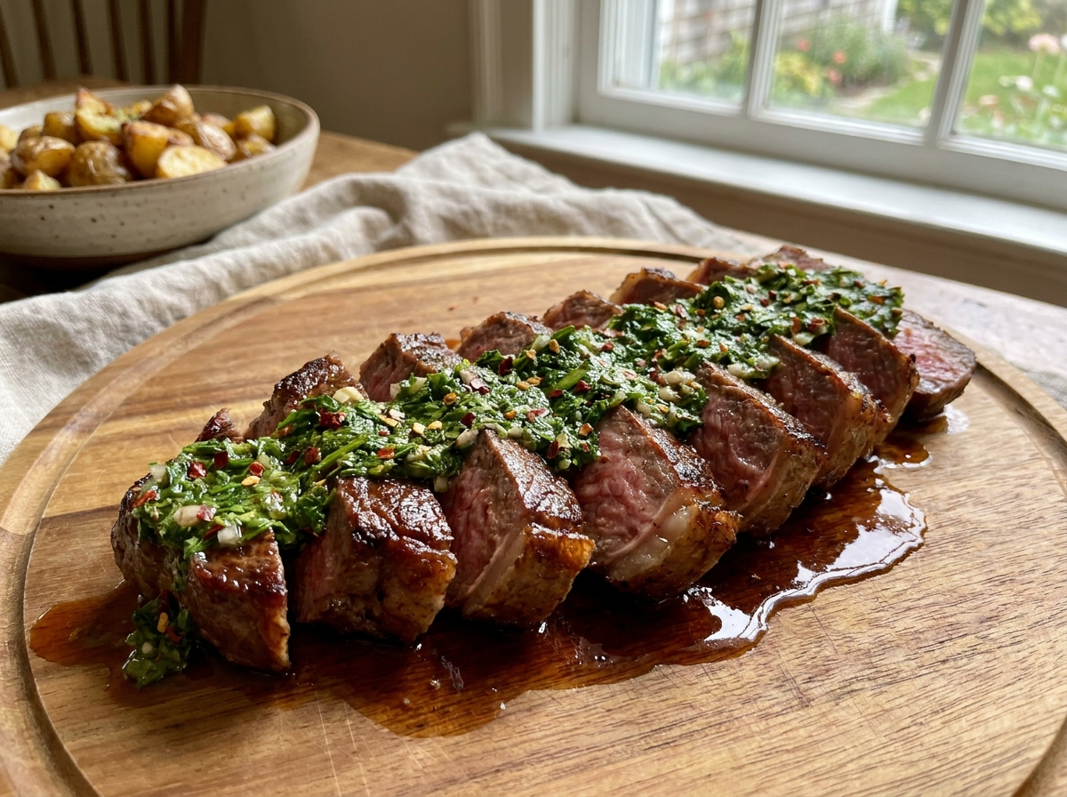 Seared NY Strip with Cilantro & Roasted Onion Chimichurri