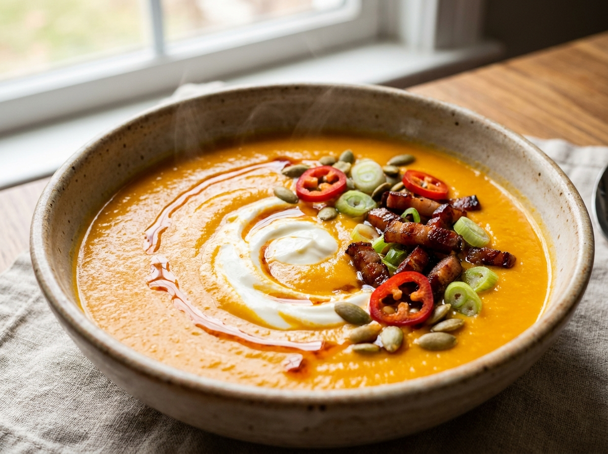 Chipotle Carrot Soup with Red Apple Balsamic-Glazed Bacon