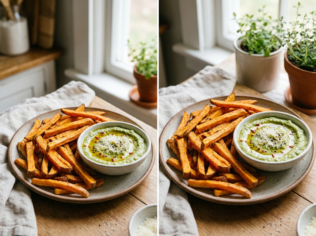 Crispy Baked Sweet Potato Fries with Calabrian Pesto Dip