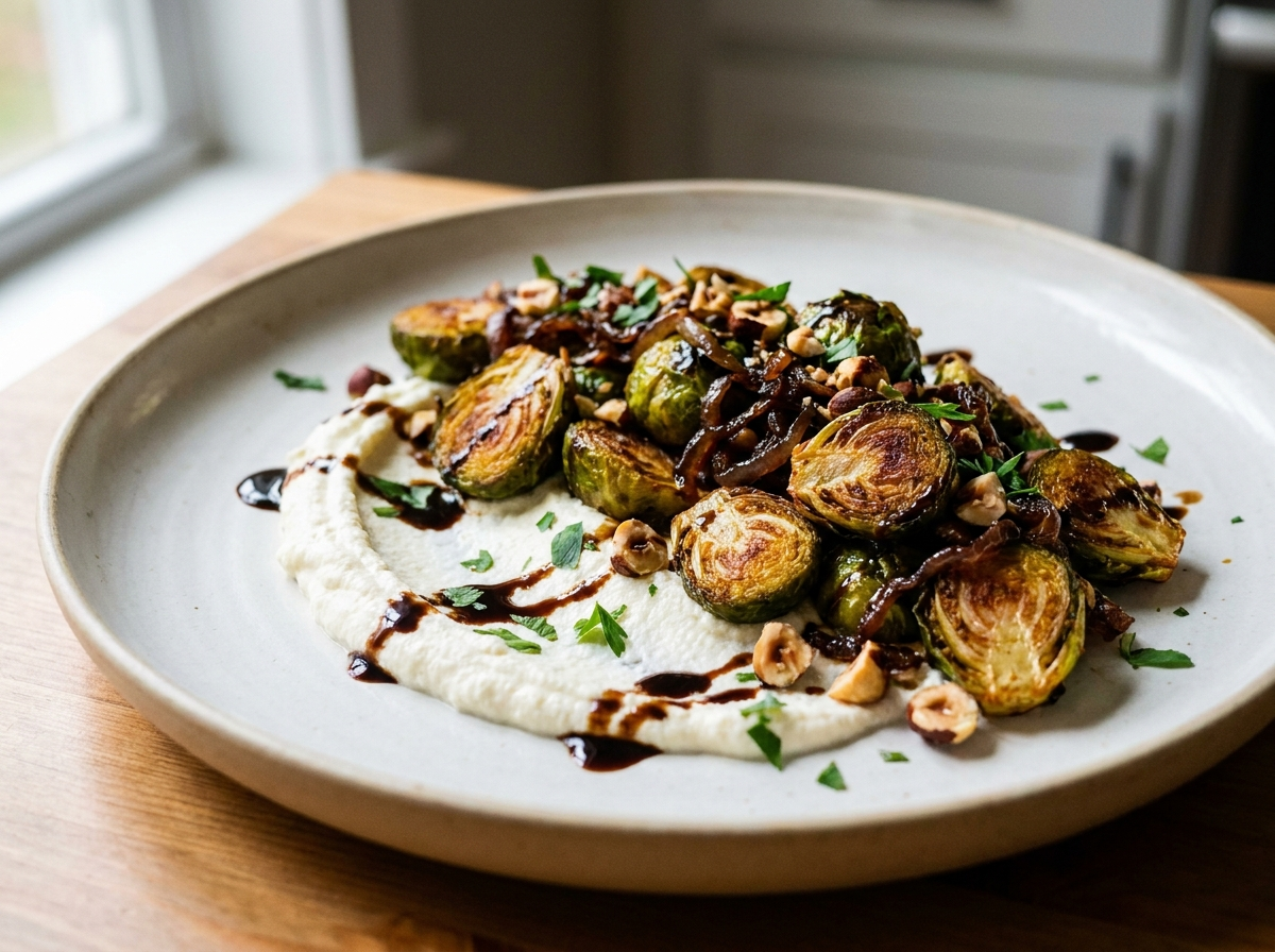 Crispy Brussels Sprouts over Whipped Ricotta with Aged Balsamic