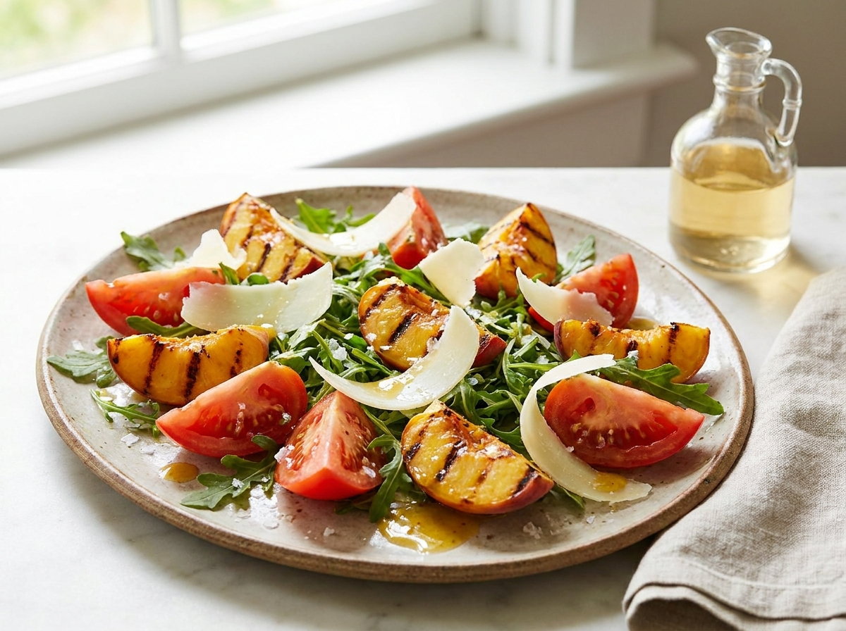 Grilled Peach & Pecorino Salad with Ripe Peach Vinaigrette