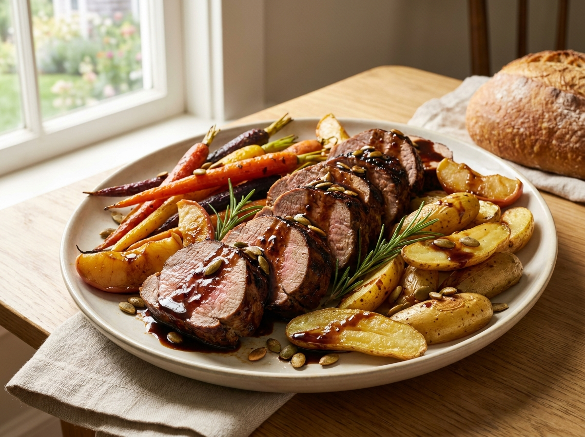 Maple-Balsamic Glazed Pork Tenderloin with Rosemary Roasted Vegetables