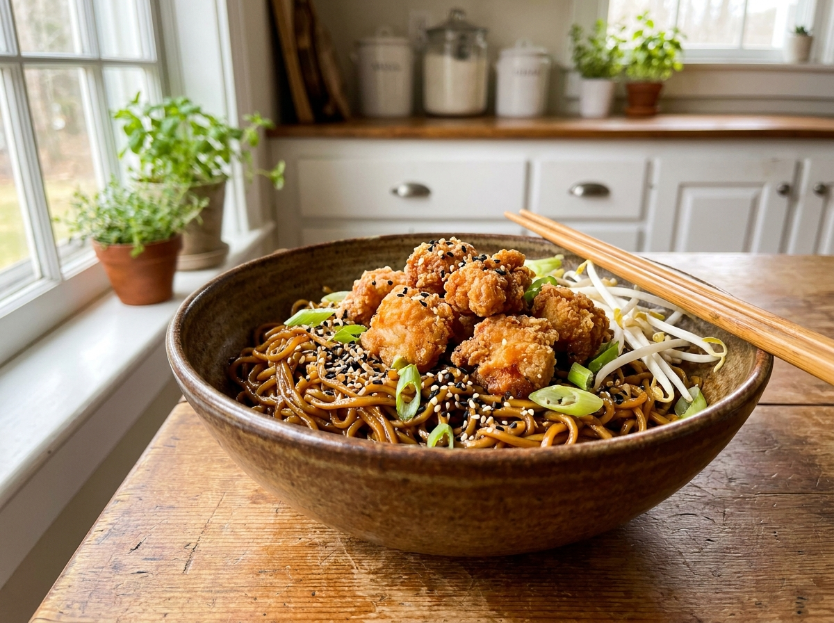 Sesame Soy Noodles with Crispy Chicken