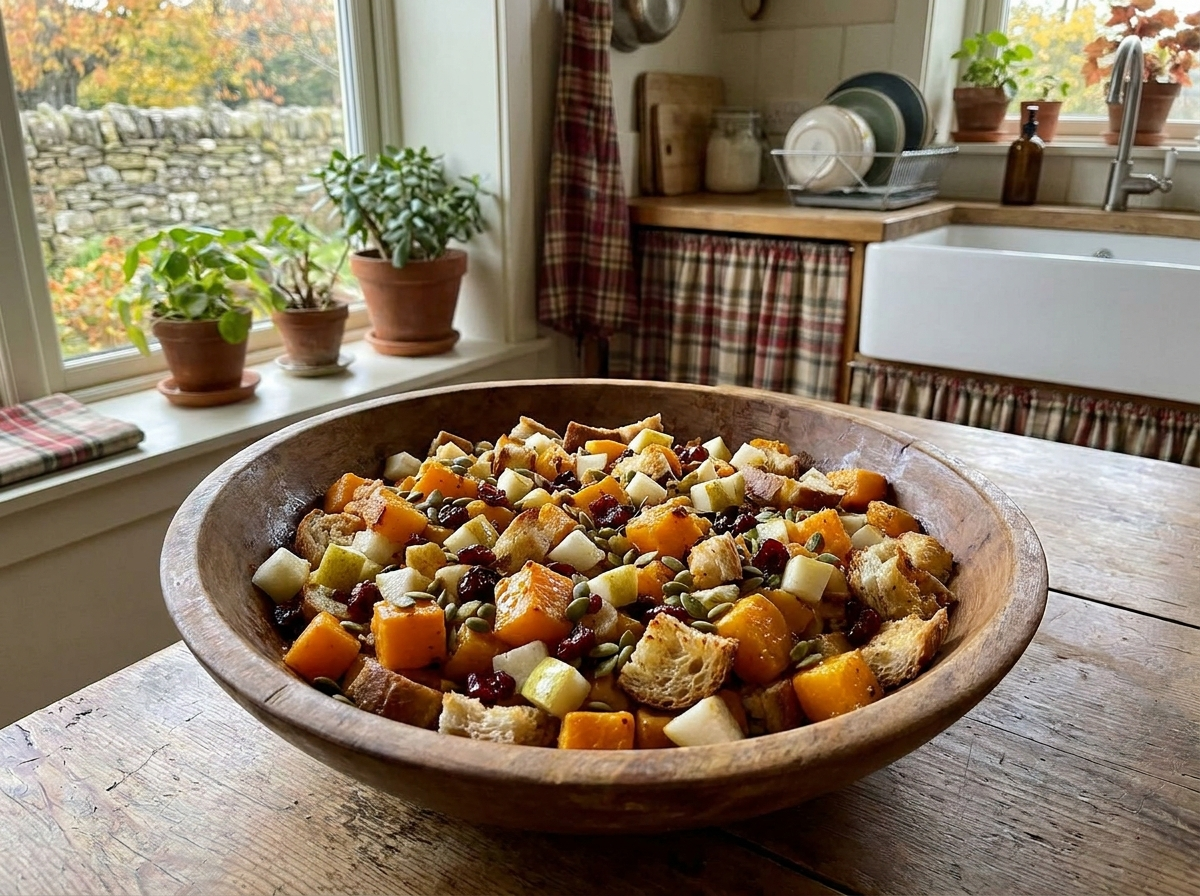 Roasted Butternut Panzanella with Cranberry Pear Vinaigrette