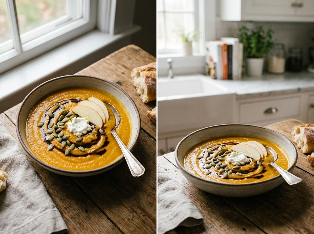 Apple & Squash Soup with Chèvre and an Espresso Balsamic Drizzle
