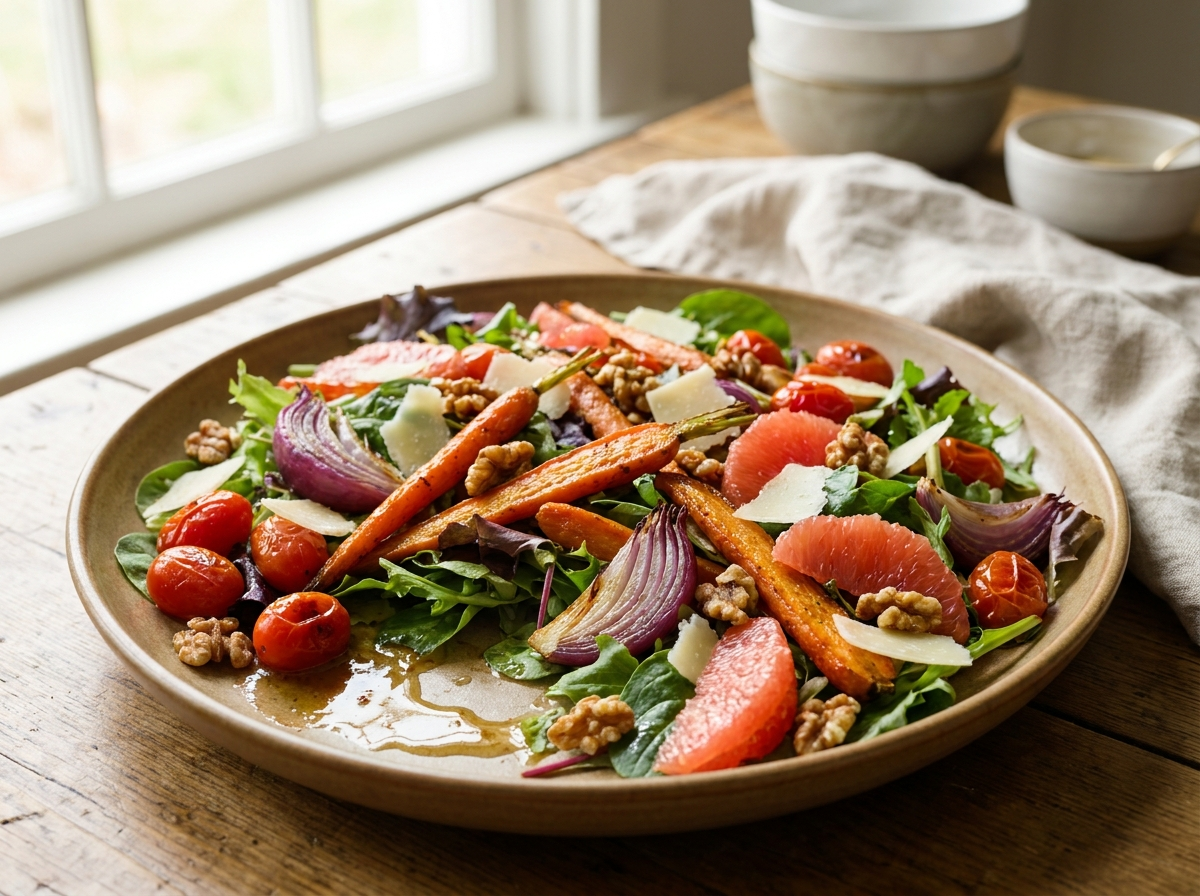 Roasted Vegetable & Baby Greens Salad with Grapefruit-Gremolata Vinaigrette