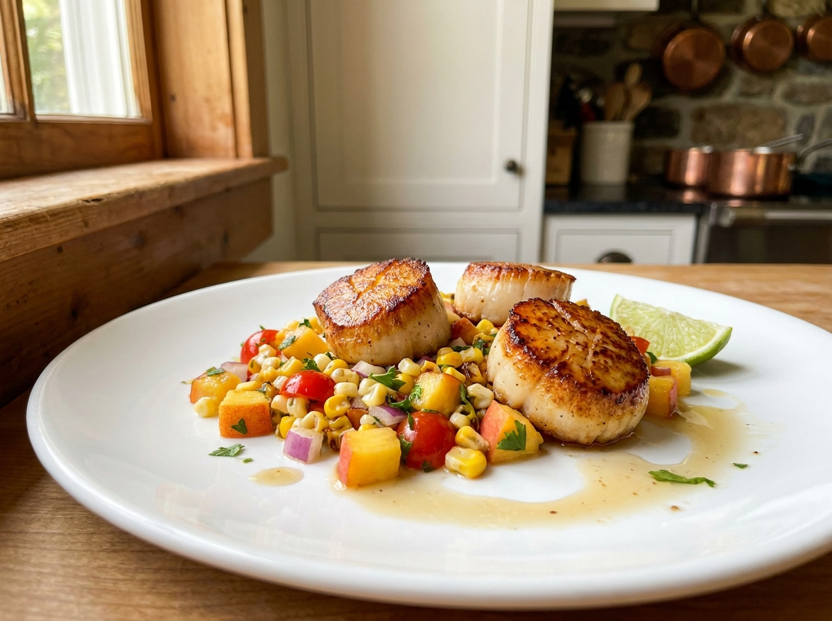 Seared Scallops over Peach Salsa with Ripe Peach Balsamic
