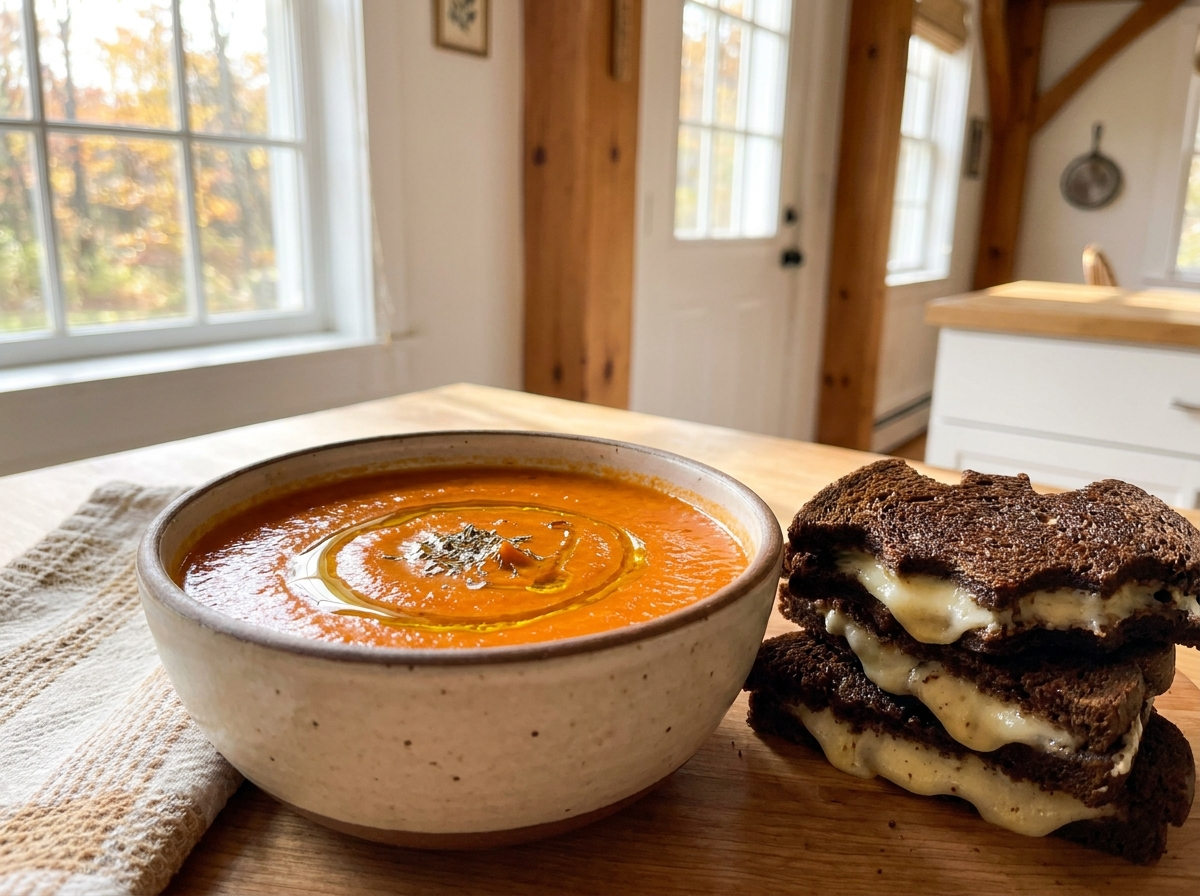 Roasted Red Pepper Soup with Bat-Shaped Grilled Cheese