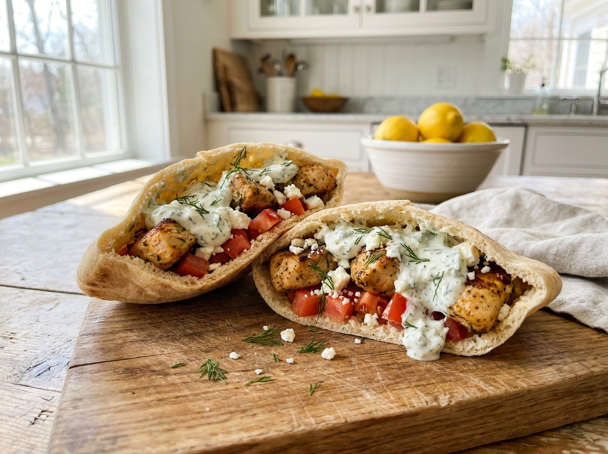 Souvlaki Chicken Pitas with Dill Tzatziki