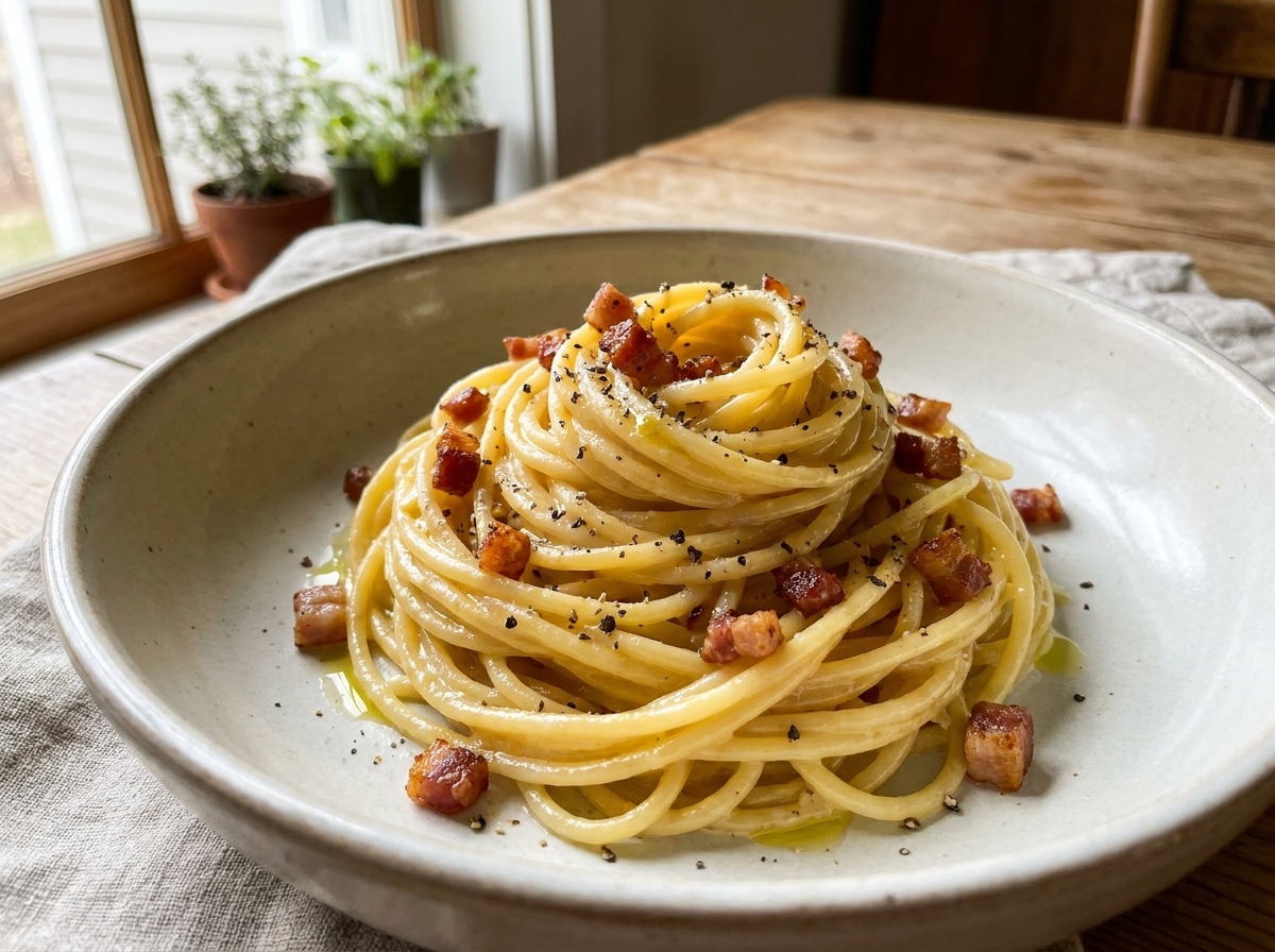 Silky Spaghetti Carbonara with Garlic Olive Oil
