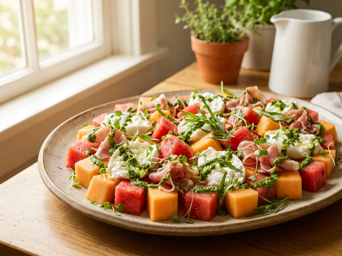 Watermelon & Burrata Salad with Spicy Arugula Pesto