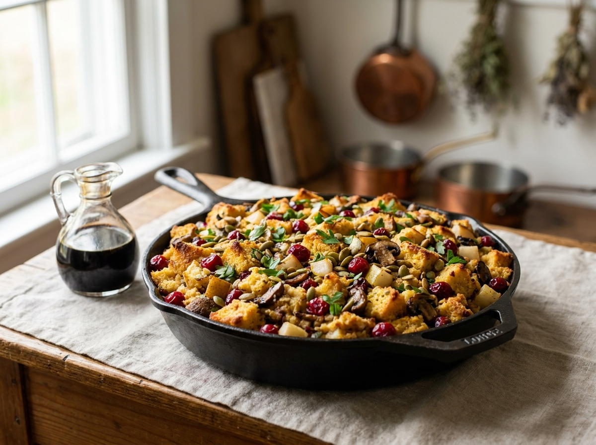 Cranberry-Pear & Wild Mushroom Skillet Cornbread Stuffing