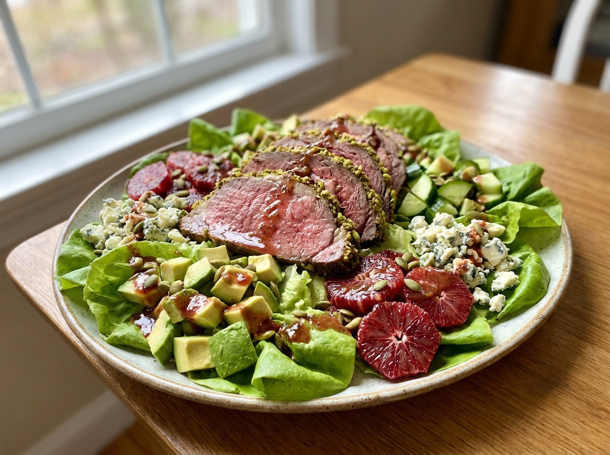 Winter Greens Salad with Pistachio-Crusted Prime Rib & Blood Orange–Fig Dressing