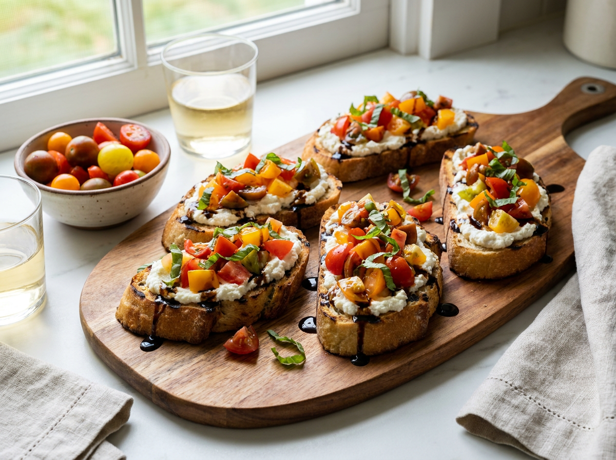 Heirloom Tomato Bruschetta with Whipped Ricotta & Neapolitan Herb Glaze