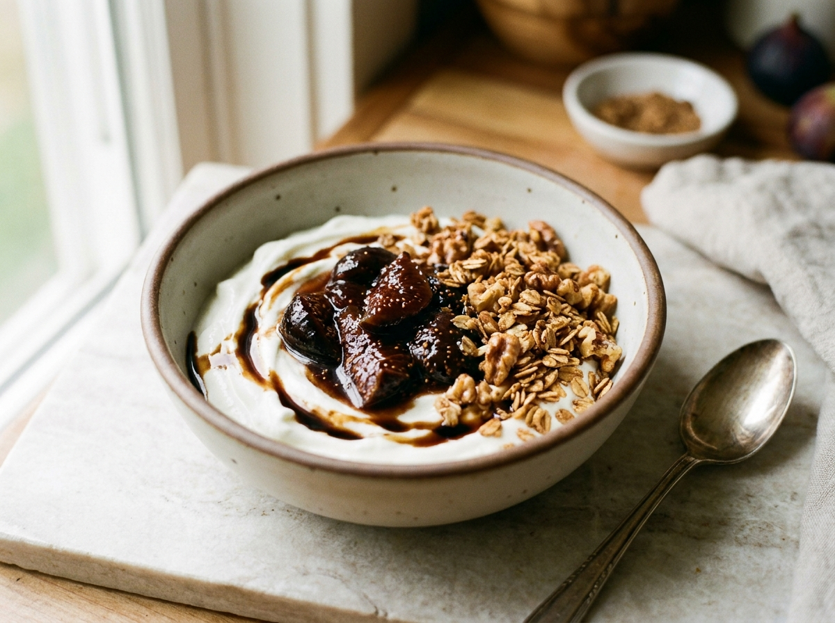 Warm Fig Compote over Greek Yogurt with Cinnamon-Toasted Walnut Granola