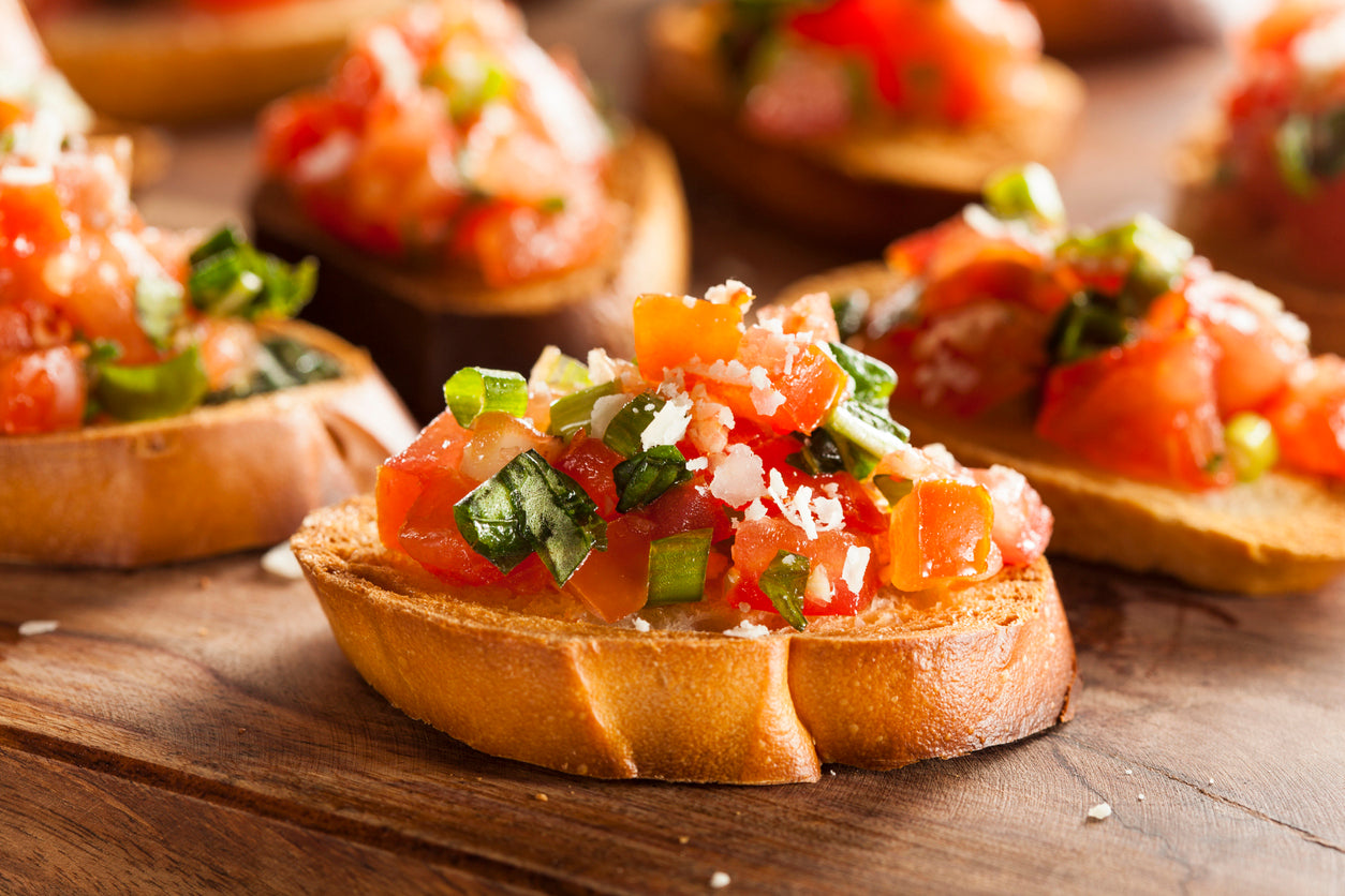 Tomato Basil Bruschetta With Basil Olive Oil & Traditional Balsamic