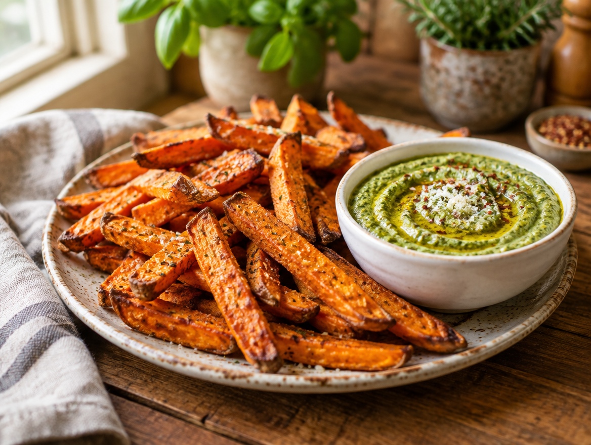 Crispy baked sweet potato fries with a bowl of Calabrian pesto dip