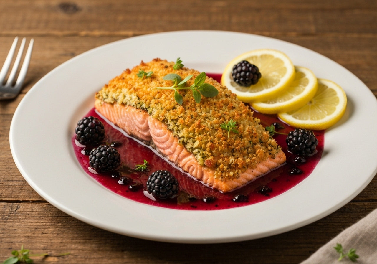 Herb-crusted salmon with blackberry ginger balsamic drizzle