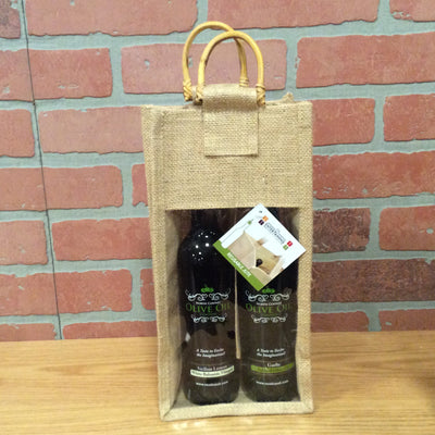 Two Bottle Jute Olive Oil Bottle Bag with Window - Natural